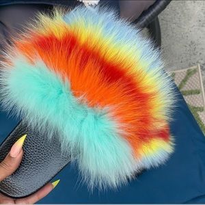 Tropical punch faux fur slides - Multiple sizes available 6-11